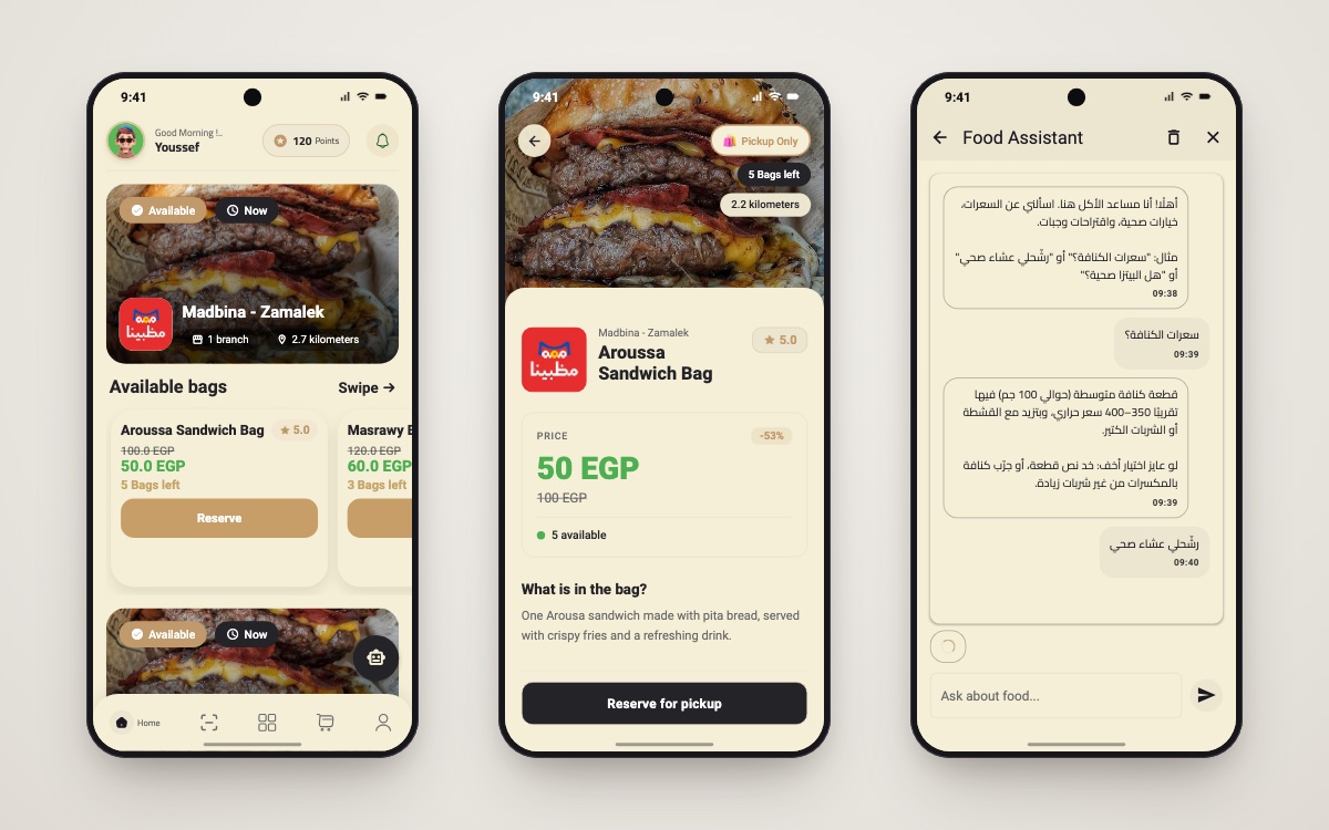 MysteryBag app screens: home, bag details, AI food assistant